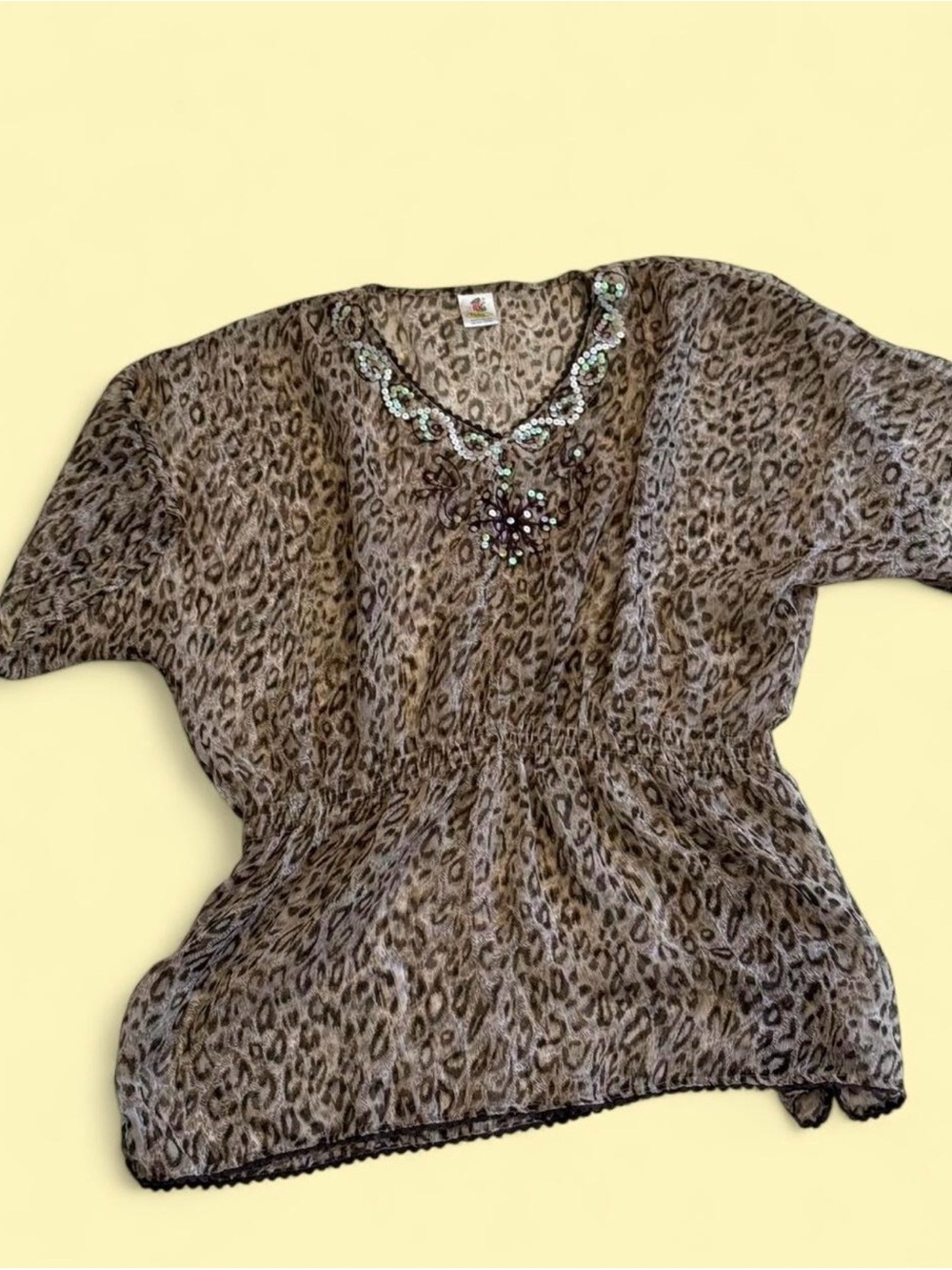 Leopard Print Swim Coverup with Jeweled Neckline - Brown